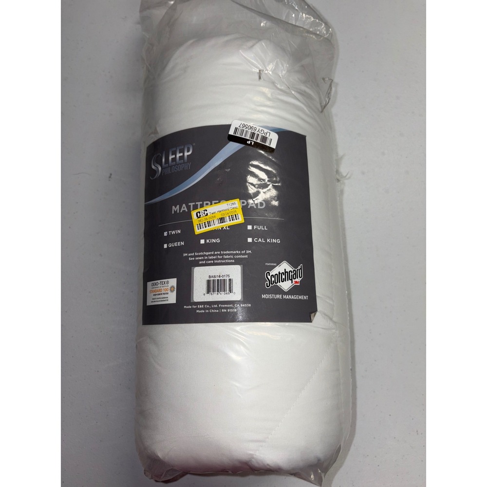 Sleep Philosophy Twin Mattress Pad 3M Scotchgard Moisture Management White New